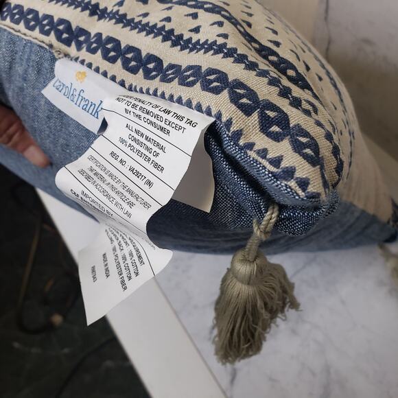 Carol& Frank blue and cream tassel striped printed decorative throw pillow 18X18 - Picture 3 of 8